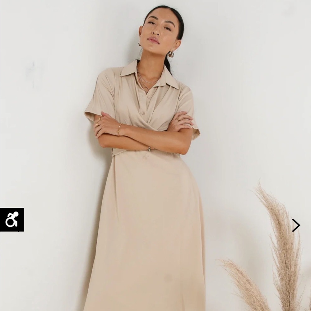 Bohme Bennett Collared Tan Wrap Midi Dress